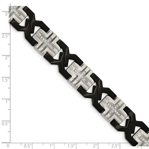 Men's Brushed and Polished Stainless Steel Black IP-Plated with CZ Bracelet, 8.25"