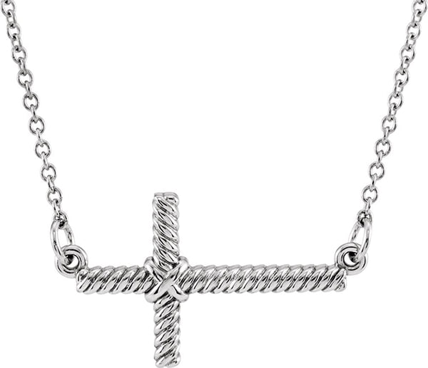 Rope-Trim Sideways Cross Necklace, Rhodium-Plated 14k White Gold, 16.5" (11.3x20.15MM)