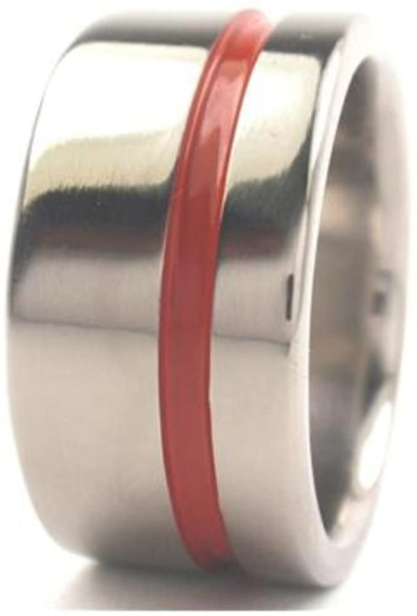 Red Grooved Flat Profile 10mm Comfort-Fit Titanium Wedding Ring, Size 5.25