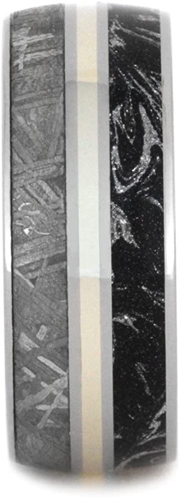 Gibeon Meteorite, Black and White Composite Mokume, 14k White Gold 8mm Comfort-Fit Titanium Wedding Band, Size 8.5