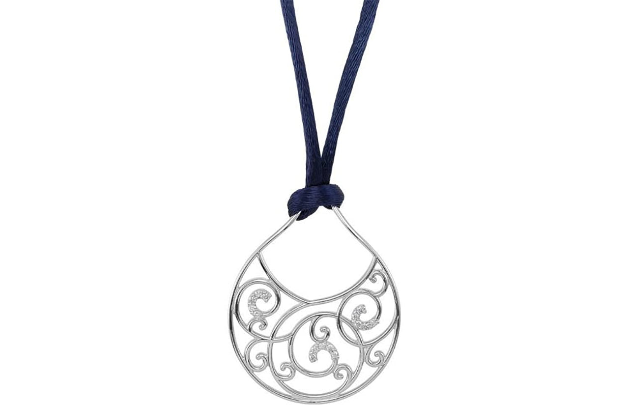 Diamond Scroll Sterling Silver Pendant with Navy Satin Cord, 18" (1/6 Cttw)