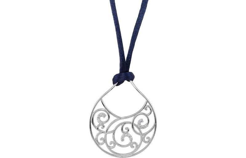 Diamond Scroll Sterling Silver Pendant with Navy Satin Cord, 18" (1/6 Cttw)