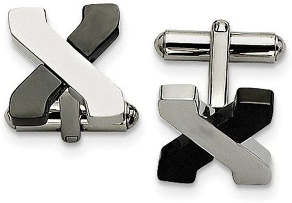Black IP and Polished Stainless Steel Cross Cuff Links, 15MM