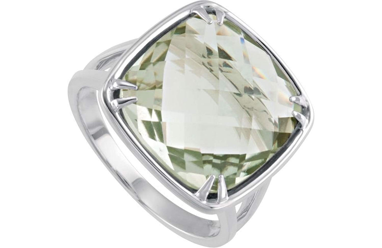 Green Quartz Antique Square Sterling Silver Ring, Size 6.5 to 7