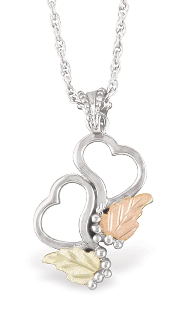 Petite Double Heart Pendant Necklace, Sterling Silver, 12k Green and Rose Gold Black Hills Gold Motif, 18"