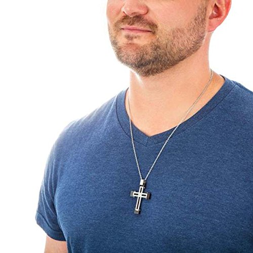 Men's Two-Tone, Black Ion Plated, Center CZ Cross Pendant Necklace , Stainless Steel, 24"
