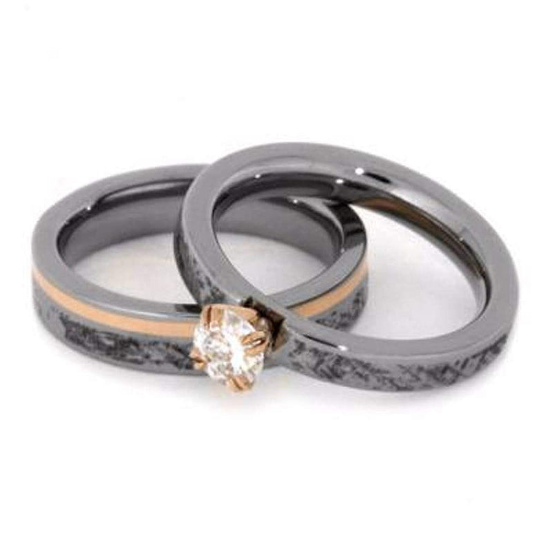Charles & Colvard Forever One Moissanite, Mimetic Meteorite Engagement Ring, 14k Rose Gold, Mimetic Meteorite Titanium Wedding Band, Bridal Set