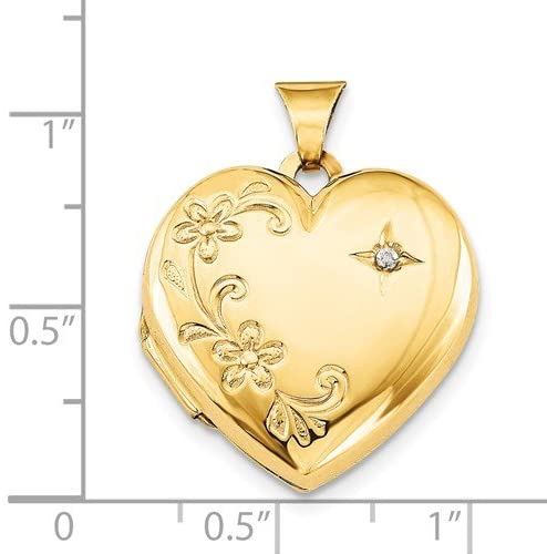 14k Yellow Gold Four Picture Diamond and Flower Heart Locket (.01 Ct, G-I Color, I1 Clarity)