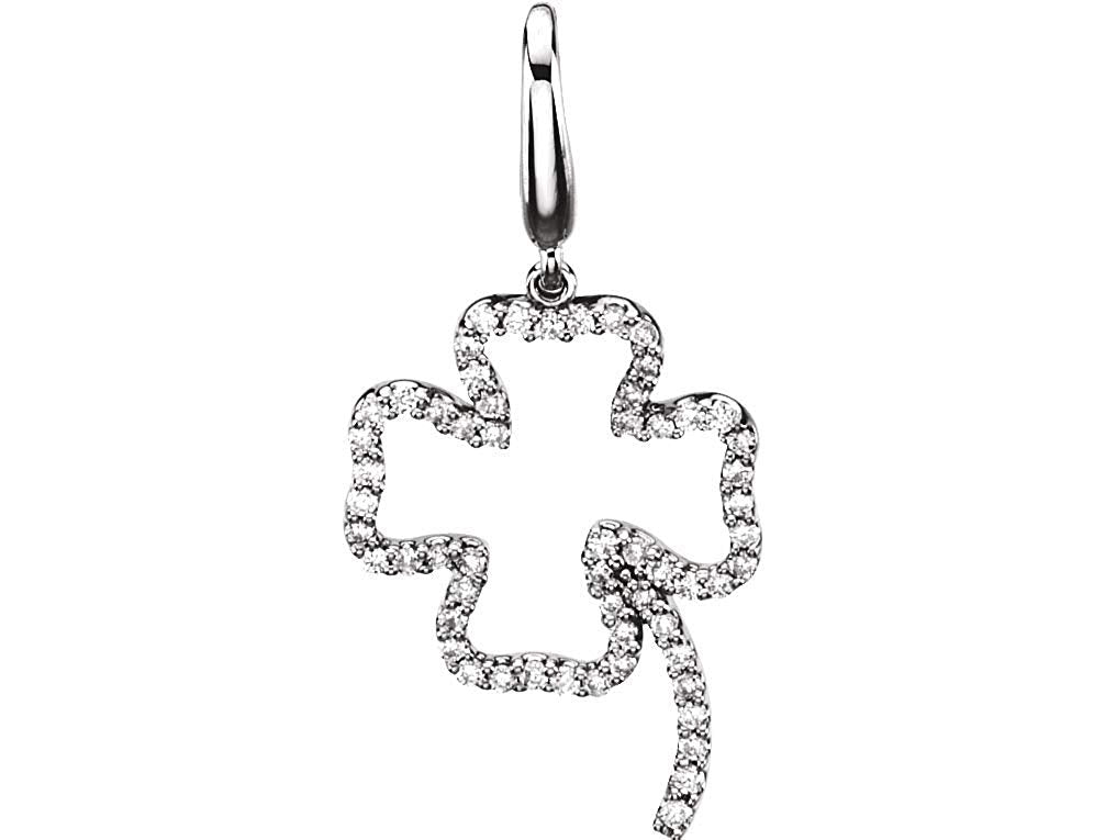 14k White Gold Diamond Four-Leaf Clover Charm Pendant with Trigger-less Clasp