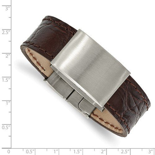 Men's Brushed Stainless Steel Dark Brown Leather ID Bracelet, 8.5"