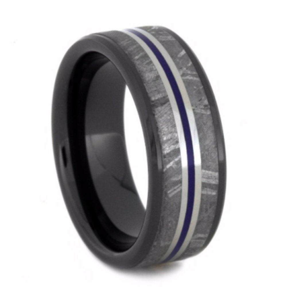 Gibeon Meteorite, Blue Pinstripe, Black Ceramic Sleeve 8mm Comfort-Fit Titanium Wedding Band