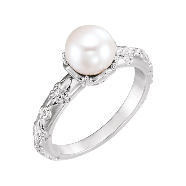 Platinum White Freshwater Cultured Pearl, Diamond Vintage Ring (7-7.5 mm)(.02 Ctw, G-H Color, SI2-SI3 Clarity)