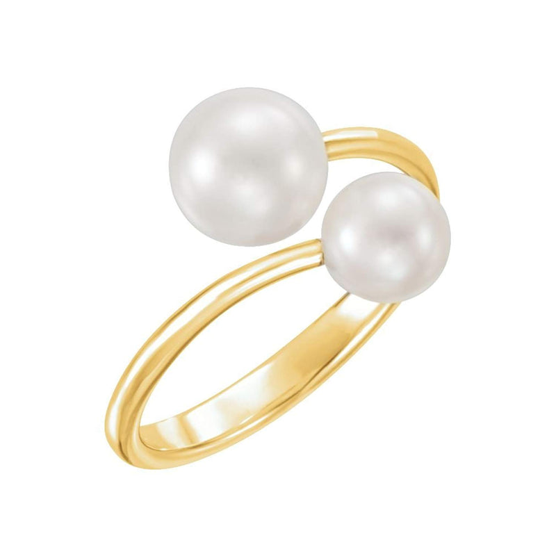 Two White Freshwater Cultured Pearls Bypass Ring, 14k Yellow Gold (6-6, 7.5-8mm) Size 7