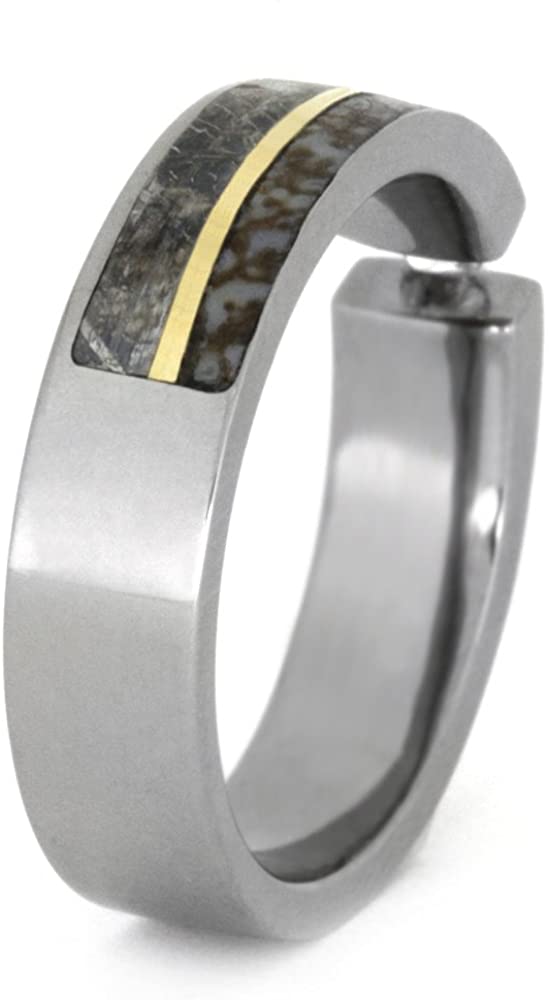 Tension Set Diamond, Gibeon Meteorite, Dinosaur Bone, 14k Yellow Gold 8mm Comfort-Fit Titanium Band, Size 5.5