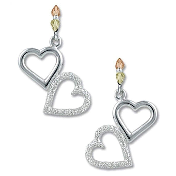 Two-Hearts Drop Earrings, Sterling Silver, 12k Green and Rose Gold Black Hills Gold Motif