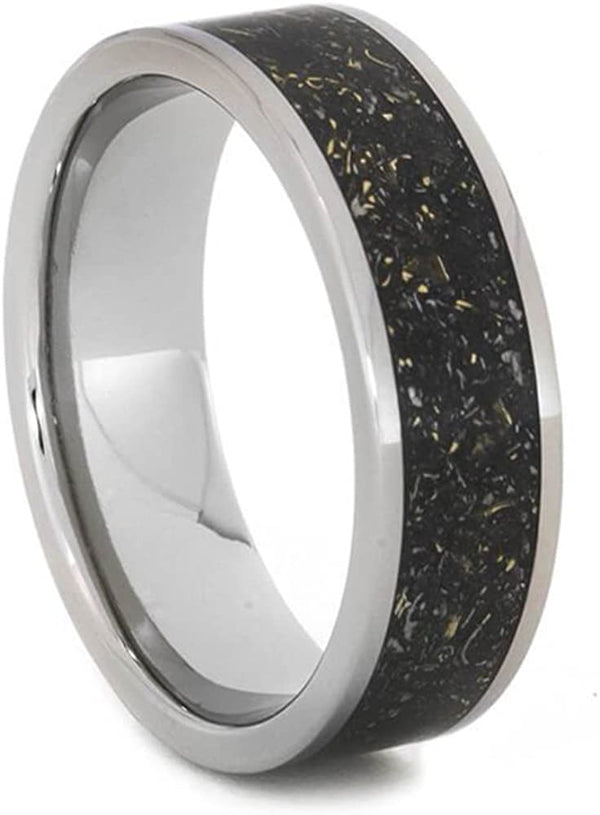 The Men's Jewelry Store (Unisex Jewelry) Black Stardust with Meteorite and 14k Yellow Gold 7mm Comfort-Fit Titanium Ring, Size 10.25