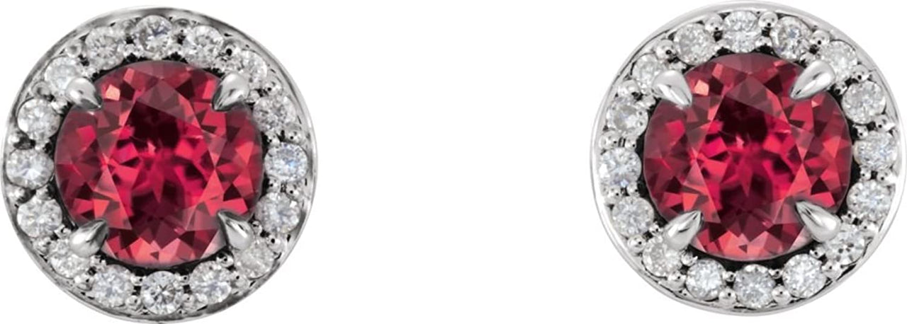 Chatham Created Ruby and Diamond Halo-Style Earrings, 14k White Gold (3.5MM) (.125 Ctw, G-H Color, I1 Clarity)