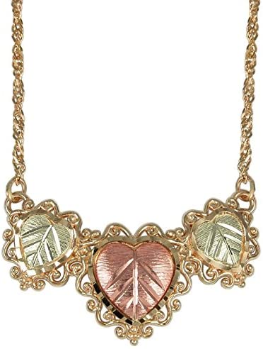Triple Heart Necklace, 10k Yellow Gold, 12k Green and Rose Gold Black Hills Gold Motif, 18"