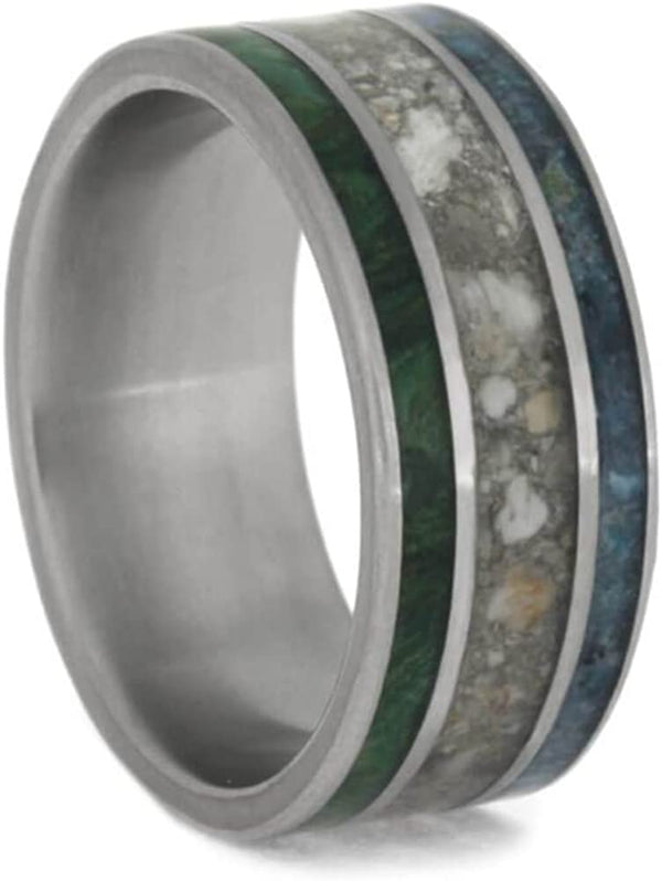 Crushed Turquoise, Pet Ashes, Green Box Burl 8mm Matte Titanium Comfort-Fit Band, Size 7.25