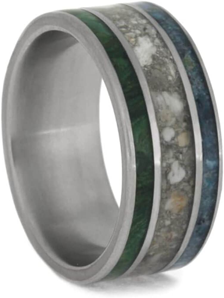 Crushed Turquoise, Pet Ashes, Green Box Burl 8mm Matte Titanium Comfort-Fit Band, Size 9.25