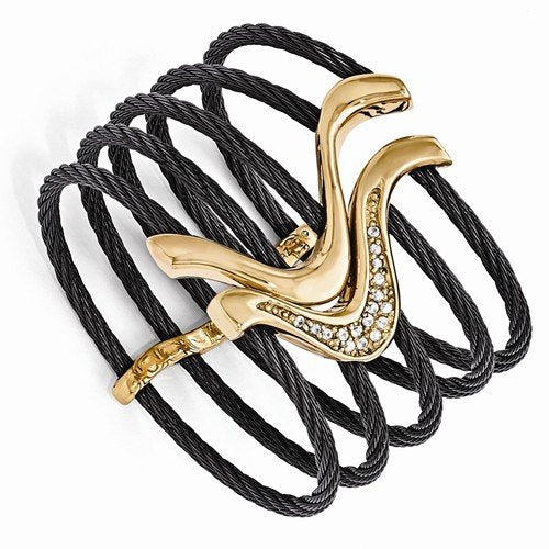 Tango Collection Black Titanium and Bronze Cable 44mm White Sapphire Flexible Cuff Bracelet, 7"