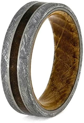 The Men's Jewelry Store (Unisex Jewelry) Gibeon Meteorite, Matte Titanium 7mm Comfort-Fit Whiskey Barrel Oak Wood Sleeve Band, Size 12.75
