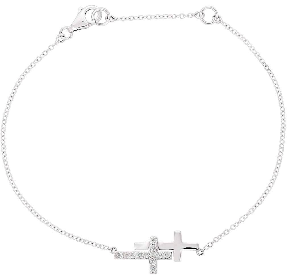 CZ Double Sideways Cross Rhodium-Plated Sterling Silver Bracelet, Adjustable 6-8"