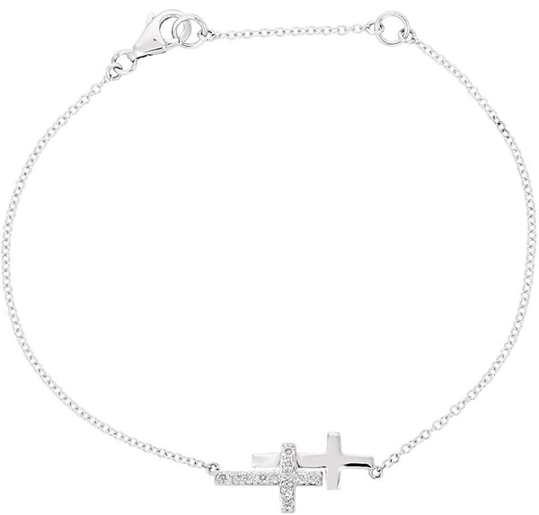 CZ Double Sideways Cross Rhodium-Plated Sterling Silver Bracelet, Adjustable 6-8"