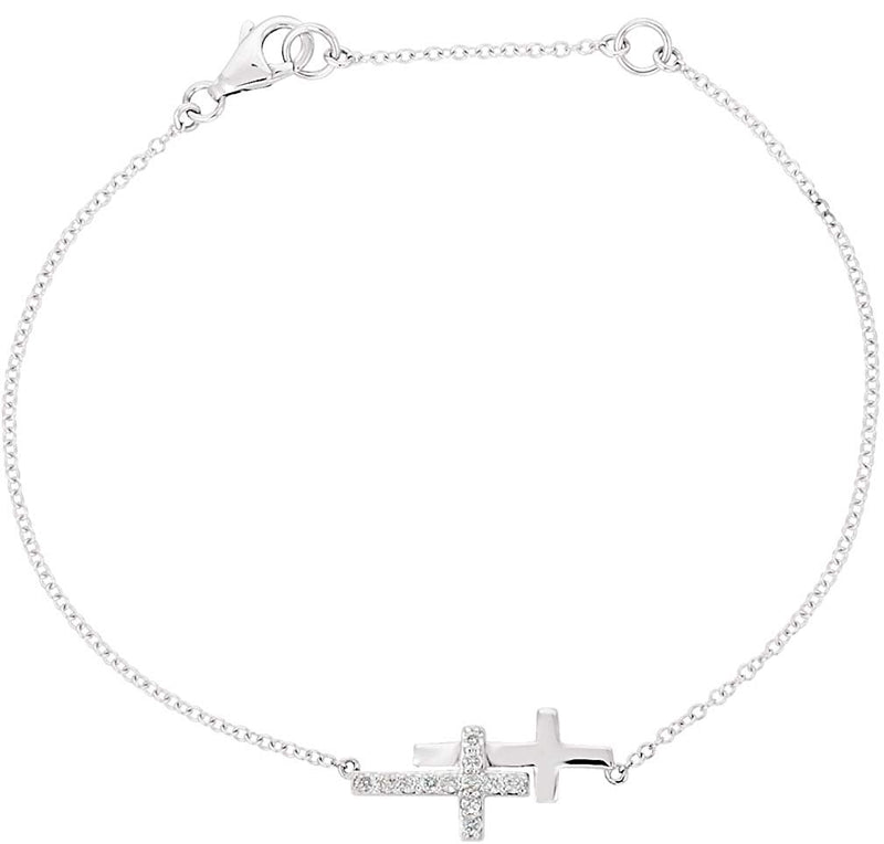 CZ Double Sideways Cross Rhodium-Plated Sterling Silver Bracelet, Adjustable 6-8"