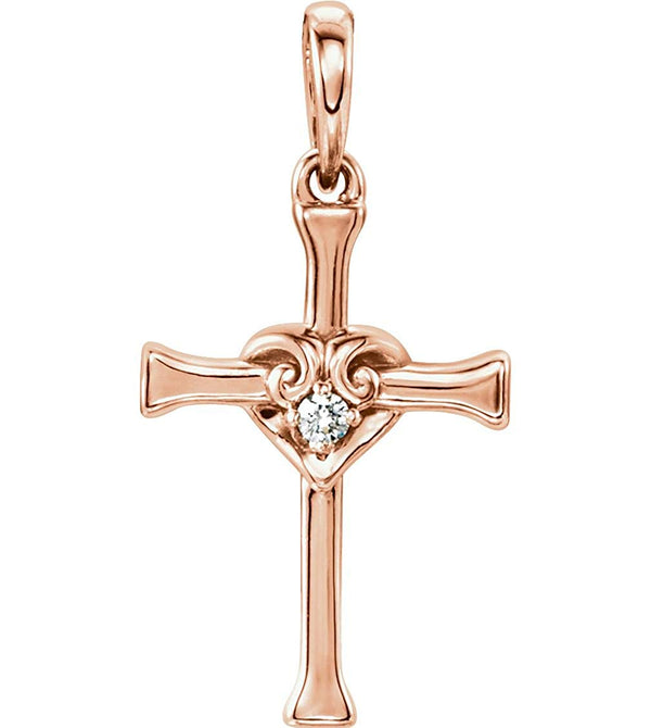 Diamond with Heart Cross 14k Rose Gold Pendant (.025 Ct, G-H Color, I1 Clarity)