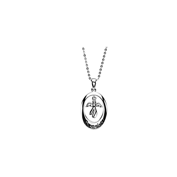 Oval Caregiver Angel Pendant Rhodium Plate Sterling Silver Necklace, 18"