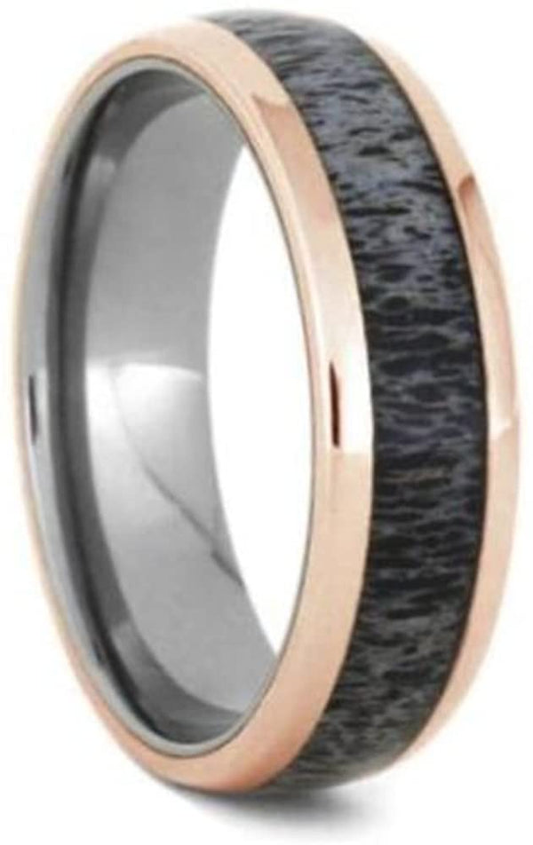 Deer Antler, 14k Rose Gold 7mm Titanium Comfort-Fit Ring, Size 9