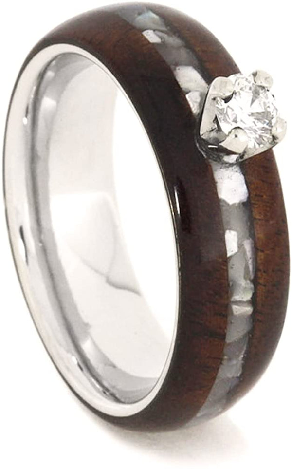 Diamond Solitaire, Mother of Pearl, Honduran Rosewood, Titanium 6.5mm Comfort-Fit Engagement Ring, Size 7.25