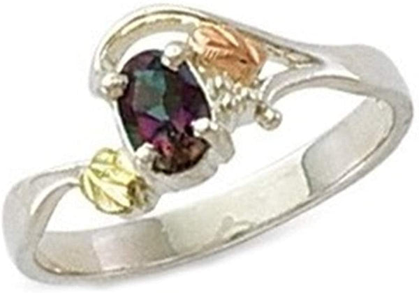 Rhodium-Plated Sterling Silver Small Oval Mystic Fire Topaz Ring, 12k Rose and Green Gold Black Hills Gold, Size 6.5