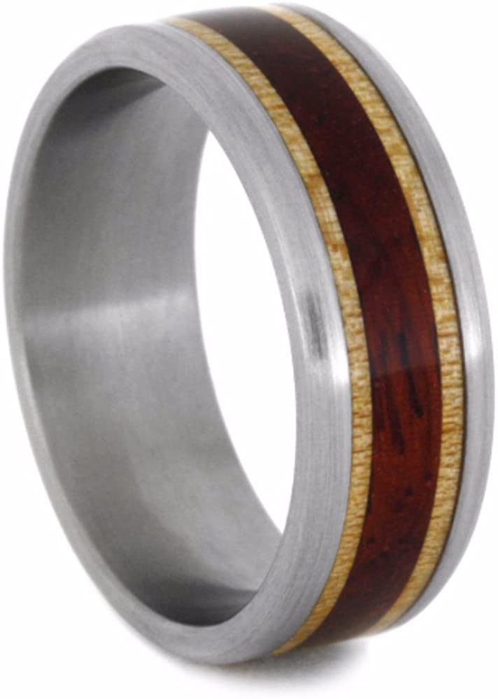 Paduk Wood, Maple Wood 8mm Comfort-Fit Brushed Titanium Wedding Band, Size 14.25