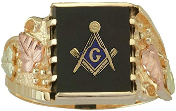 Men's Black Hills Gold Free Mason's Onyx Ring, 10k Yellow Gold, 12k Rose Gold, 12k Green Gold, Size 10