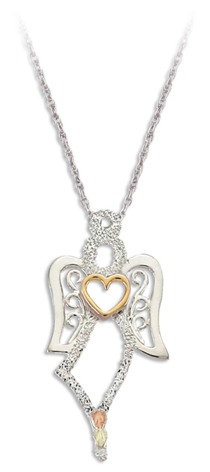 Petite Angel with Heart Pendant Necklace, Sterling Silver, 12k Green and Rose Gold Black Hills Gold Motif, 18"