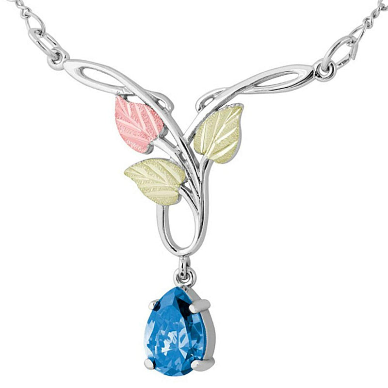 Pear Swiss Blue CZ Pendant Necklace, Sterling Silver, 12k Green and Rose Gold Black Hills Gold Motif, 18"