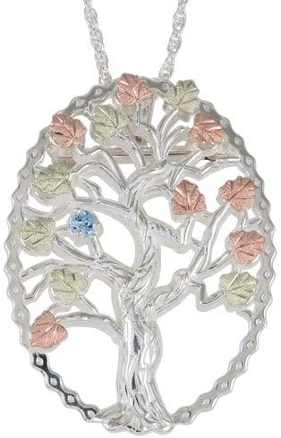 Aquamarine Tree Pendant Necklace, Sterling Silver, 12k Green and Rose Gold Black Hills Gold Motif, 18"