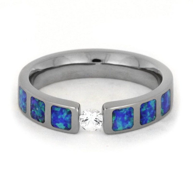 White Sapphire, Lab Created Blue and Green Opal Inlays 4mm Comfort-Fit Titanium Wedding Band