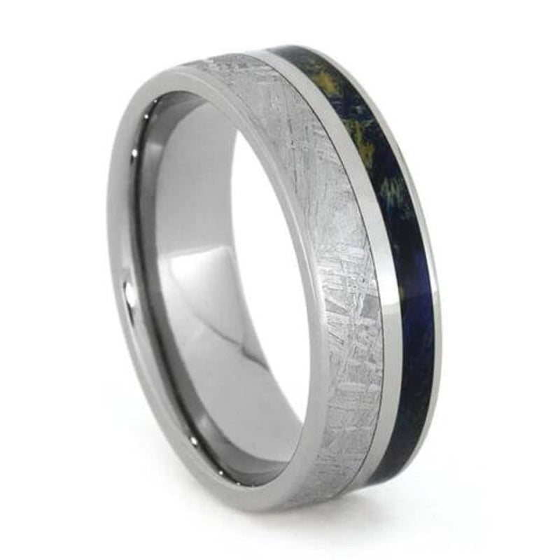 Gibeon Meteorite, Blue Box Elder Burl Wood 7mm Titanium Comfort-Fit Wedding Ring