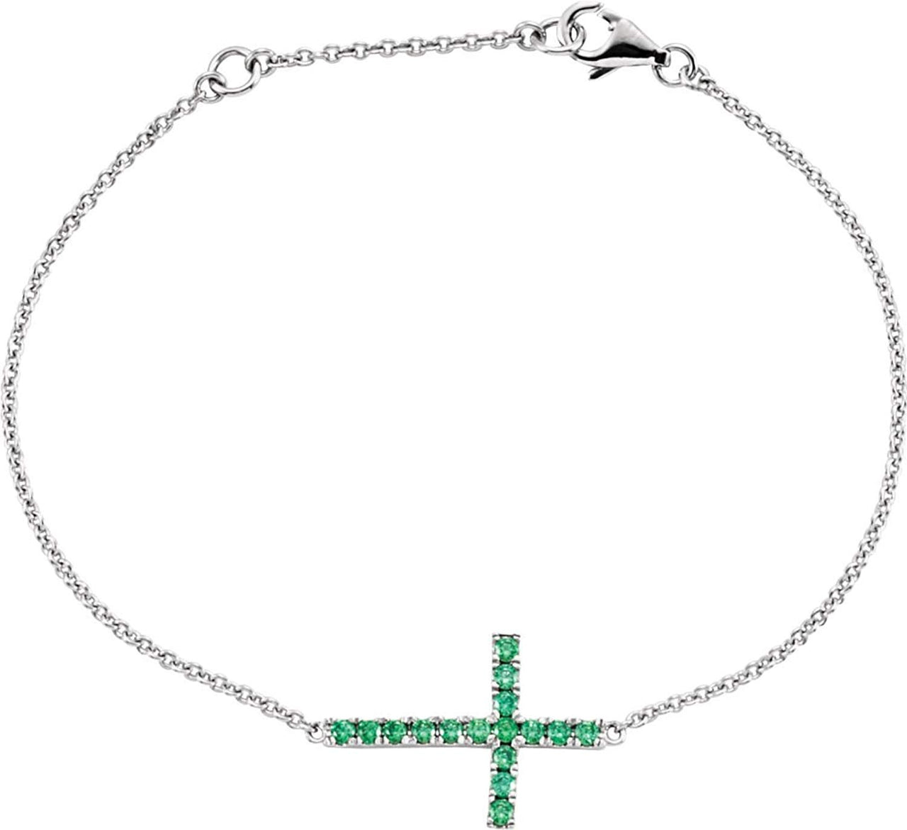 Green CZ Sideways Cross Rhodium-Plated Sterling Silver Bracelet, Adjustable 6-8"