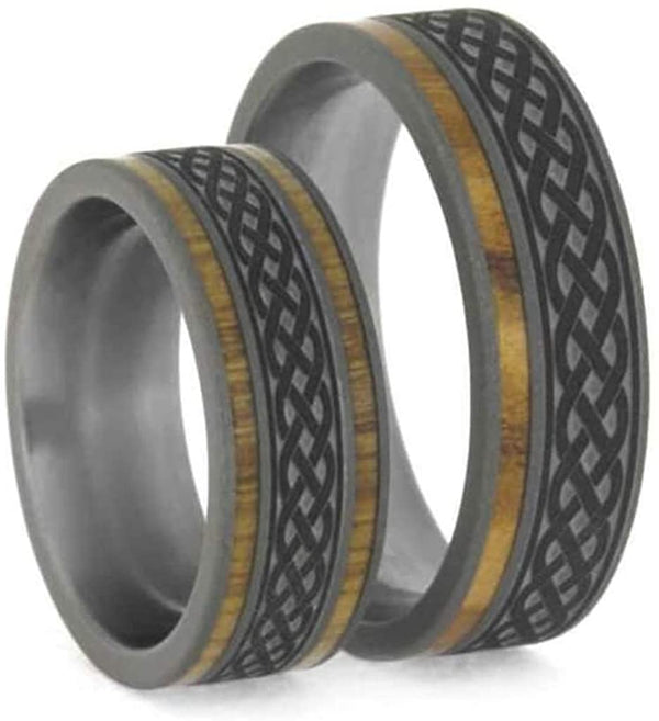 Celtic Knot Oak Titanium Band and Olive Wood Comfort-Fit Sandblasted Titanium Couples Wedding Rings Size, M14.5-F9.5