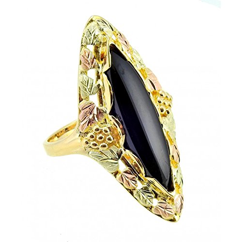 Inlaid Marquise Onyx Ring , 10k Yellow Gold, 12k Green and Rose Gold Black Hills Gold Motif