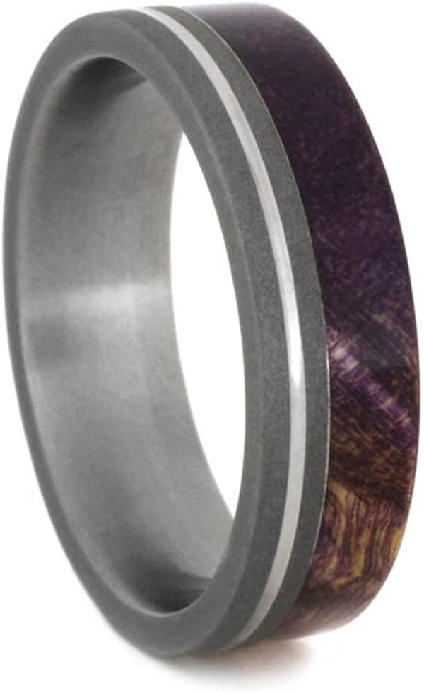 Purple Box Elder Burl Wood, Grooved Pinstripe 6mm Sandblasted Titanium Comfort-Fit Band, Size 8.5