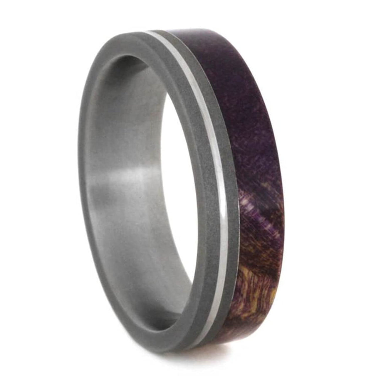 The Men's Jewelry Store (Unisex Jewelry) Purple Box Elder Burl Wood, Grooved Pinstripe 6mm Sandblasted Titanium Comfort-Fit Band