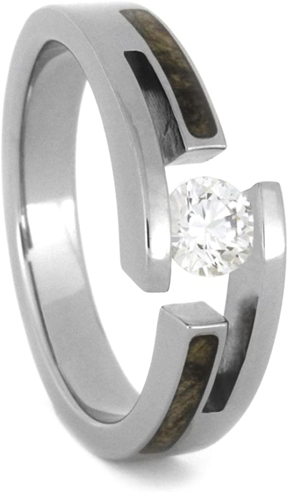 Tension-Set Diamond, Buckeye Burl 7.5mm Comfort-Fit Titanium Bypass Ring, Size 5.75