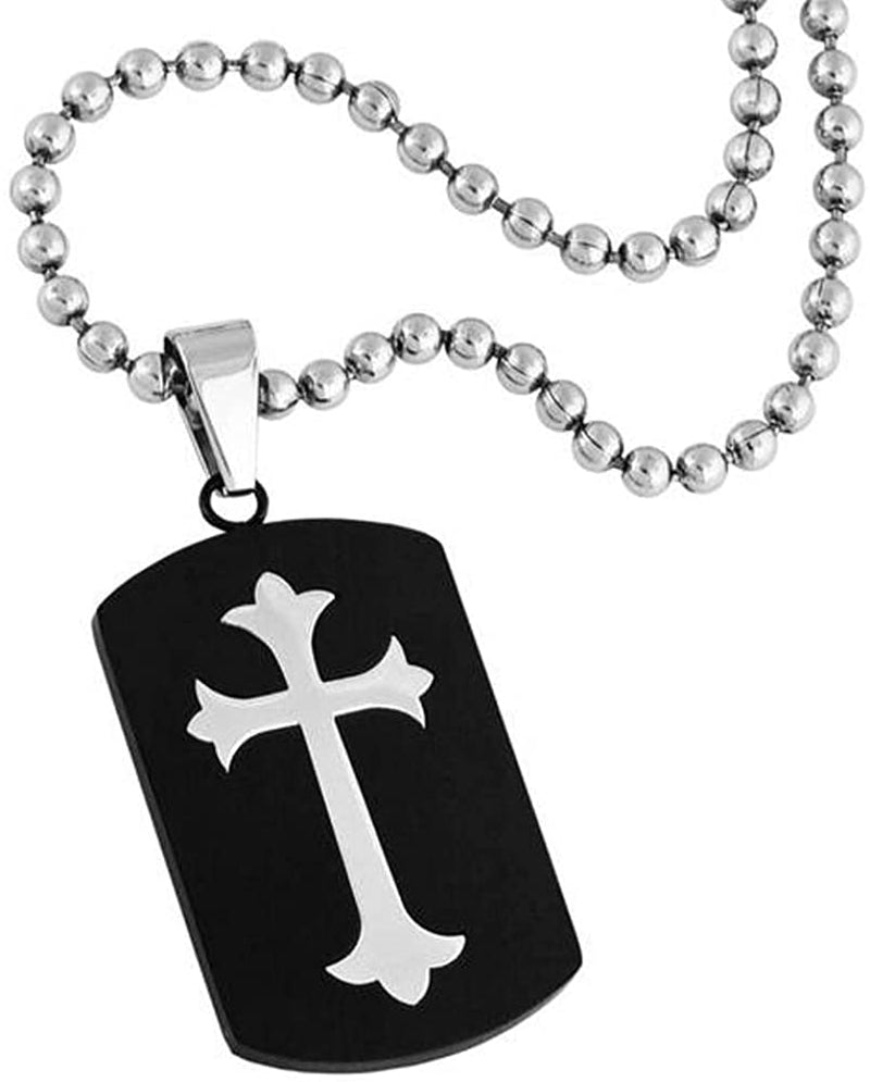 Men's Black Ion Plating Dog Tag with Cross Pendant Necklace, Stainless Steel, 24"
