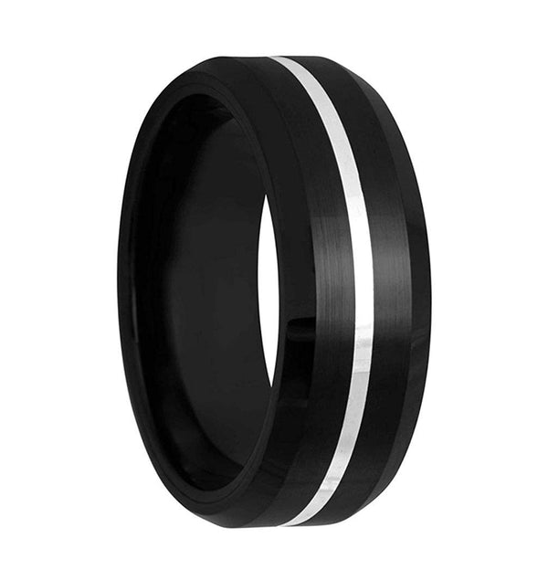 Men's Black Ceramic, Sterling Silver Inlay Stripe 8mm Comfort-Fit Band