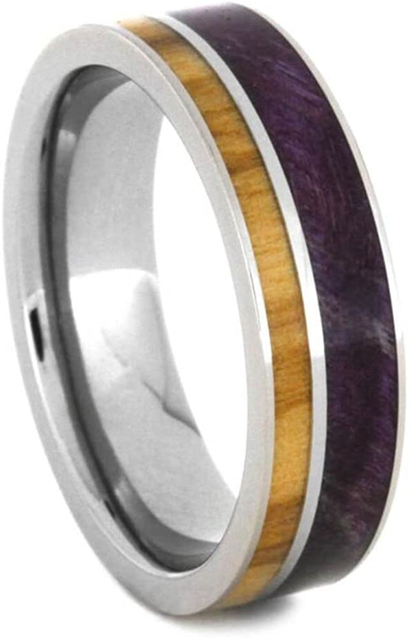 The Men's Jewelry Store (Unisex Jewelry) Purple Box Elder Burl, Bethlehem Olive Wood 6mm Titanium Comfort-Fit Wedding Band, Size 12.75